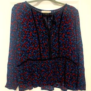 Loft Red and Blue Floral Tie Long Sleeve  Blouse in size L. 100% Rayon.